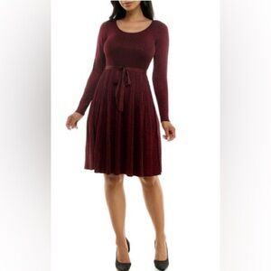 Metallic Burgundy Long Sleeve Pleated Midi Dress